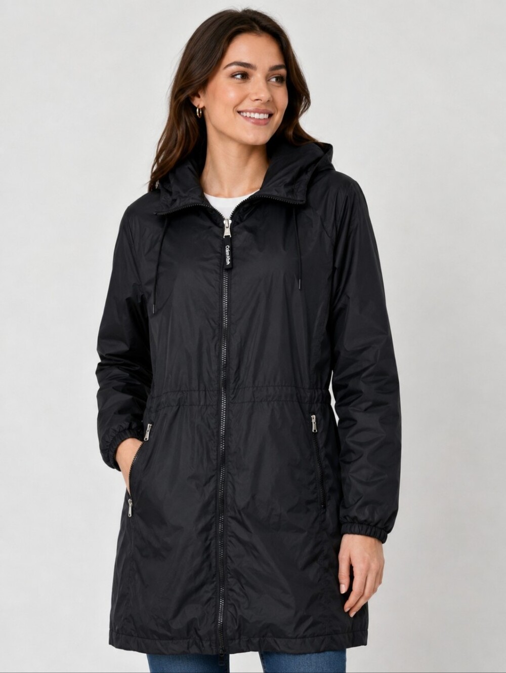 Calvin Klein Women's Black Nylon Fleece Lined Hooded Anorak Cinch Waist Jacket M